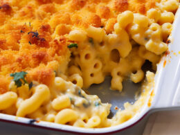 A close up of cheesy and gooey spinach macaroni and cheese