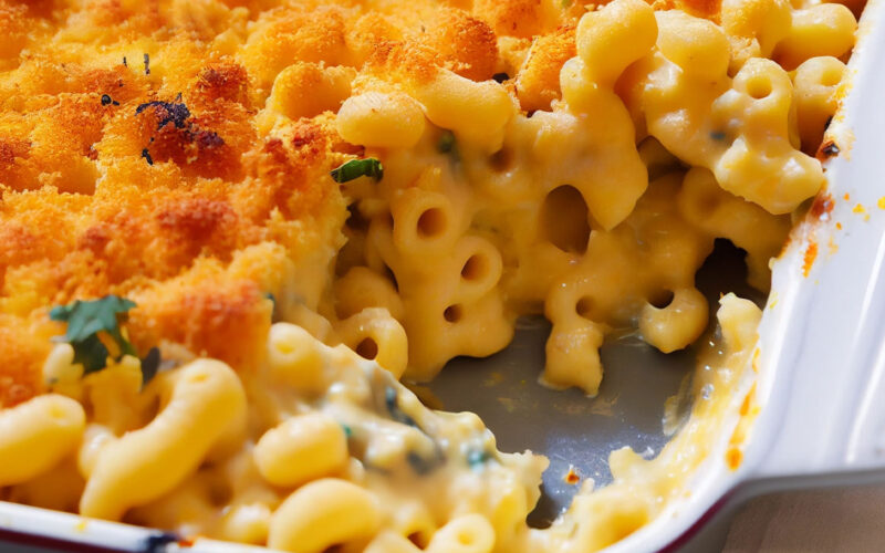 A close up of cheesy and gooey spinach macaroni and cheese