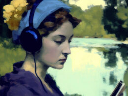 A Monet style painting of a woman listening to headphones while looking at a digital tablet who represents someone who might benefit from knowing what is the best audiobook service