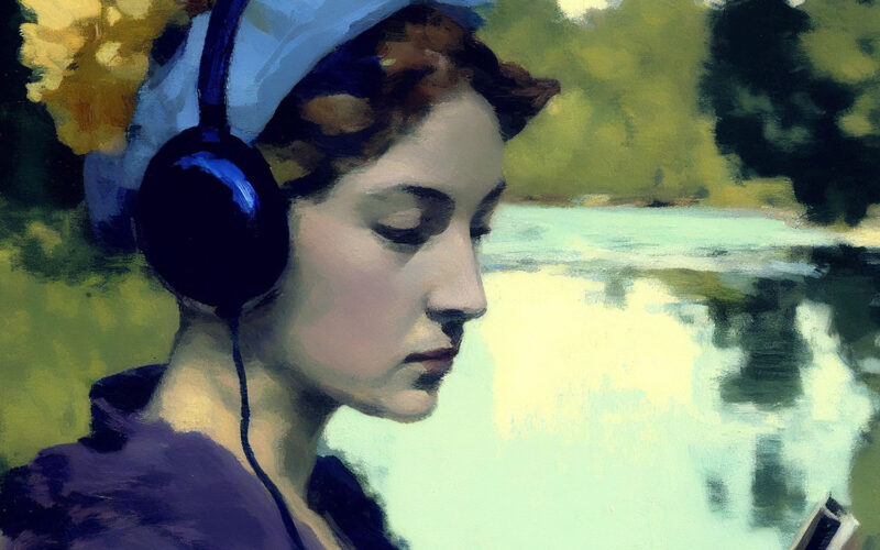 A Monet style painting of a woman listening to headphones while looking at a digital tablet who represents someone who might benefit from knowing what is the best audiobook service