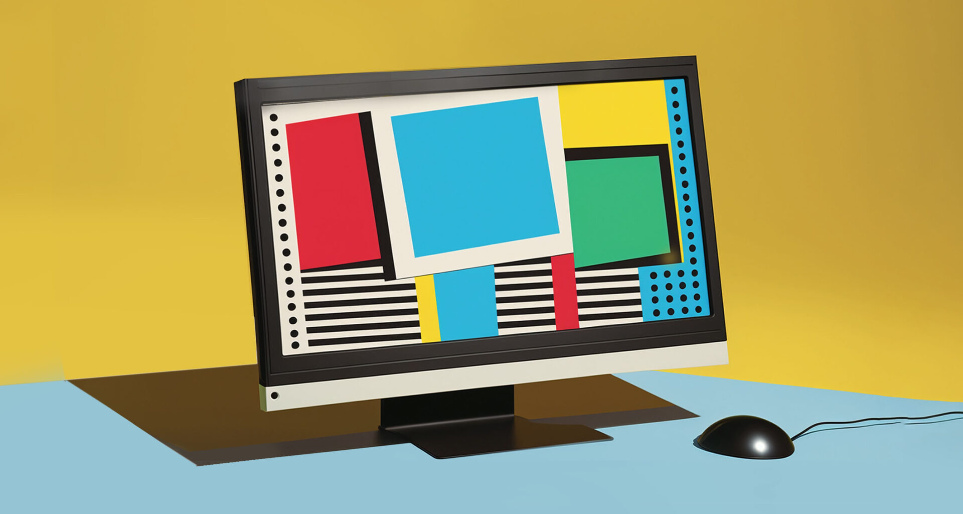 A pop art style image of a computer and a mouse. The computer screen displays abstract shapes that represent graphic design.
