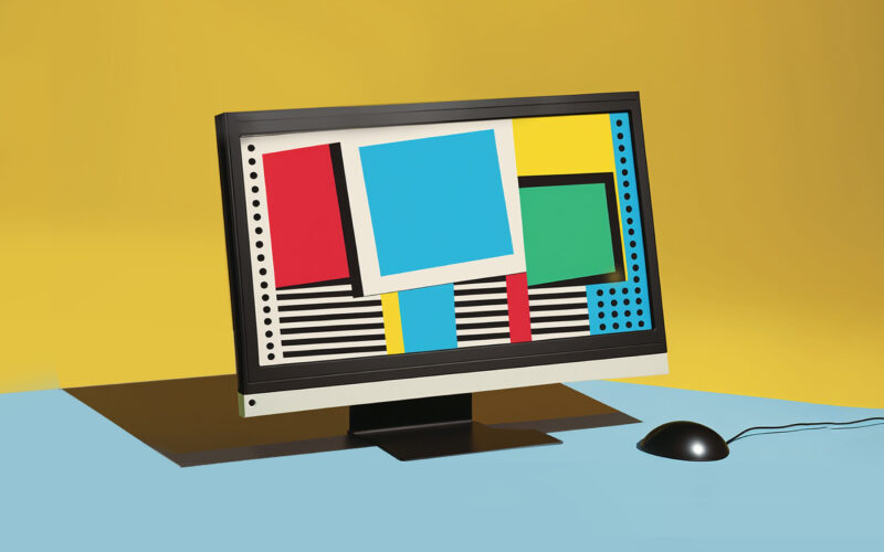 A pop art style image of a computer and a mouse. The computer screen displays abstract shapes that represent graphic design.