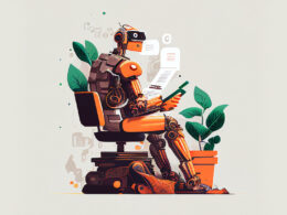 Illustration of a robot-human hybrid sitting in an office chair