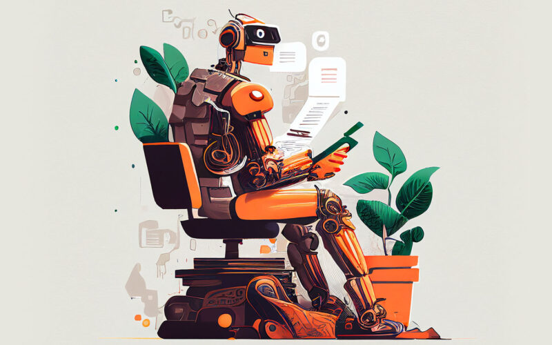 Illustration of a robot-human hybrid sitting in an office chair