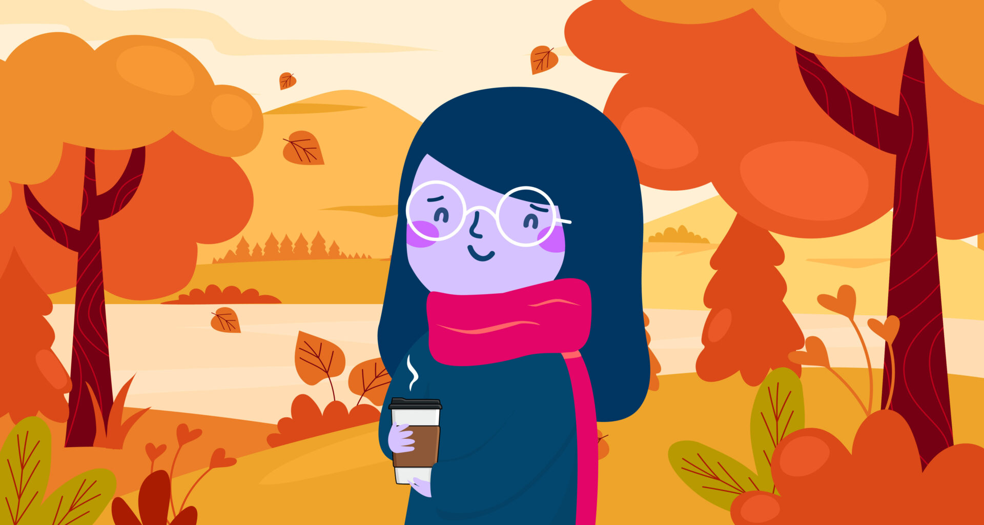 Cartoon character donned in a big scarf, holding a to-go cup of a warm beverage, strolling through an autumnal park setting.