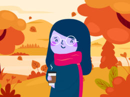 Cartoon character donned in a big scarf, holding a to-go cup of a warm beverage, strolling through an autumnal park setting.