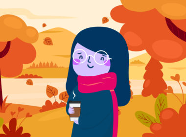 Cartoon character donned in a big scarf, holding a to-go cup of a warm beverage, strolling through an autumnal park setting.